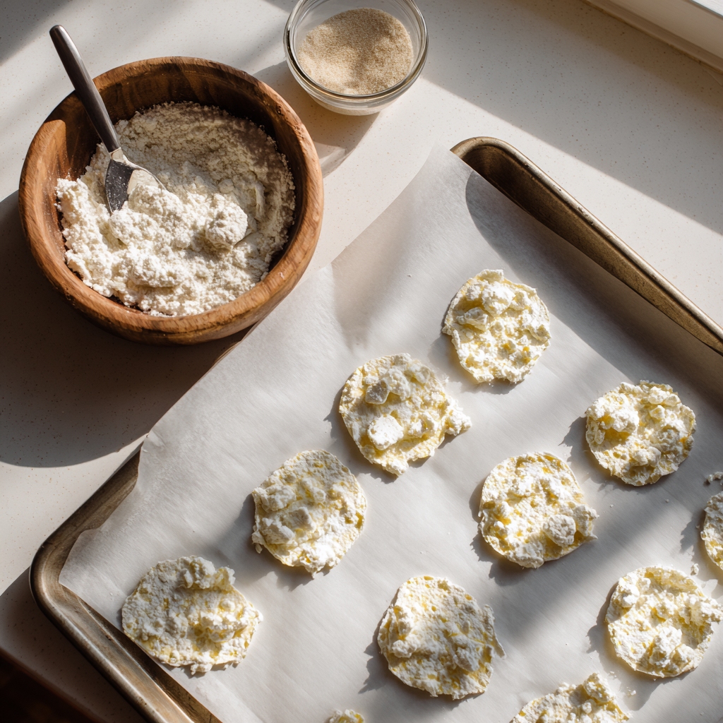 A small bowl of cottage cheese surrounded by garlic powder, onion powder, and salt, ready to make cottage cheese chips oven.