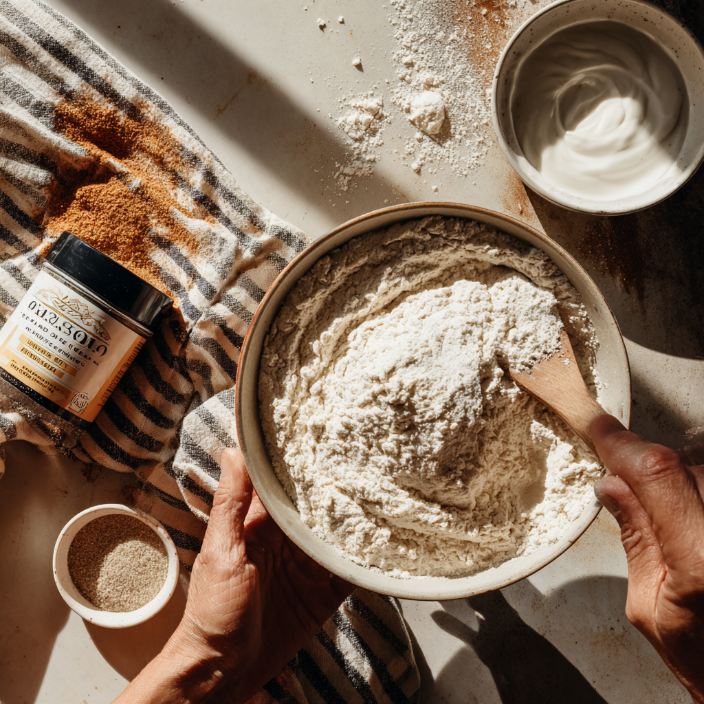 Self-rising flour, a bowl of plain Greek yogurt, and everything bagel seasoning on a wooden surface, ready for making protein bagels with Greek yogurt easy.