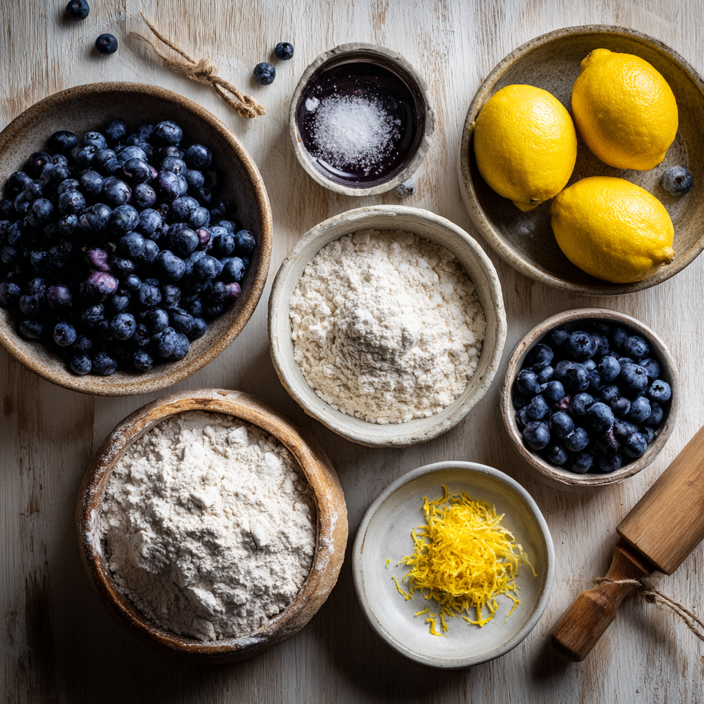 A collection of ingredients including sourdough starter, blueberries, lemons, flour, and salt, ready for making lemon blueberry sourdough bread.