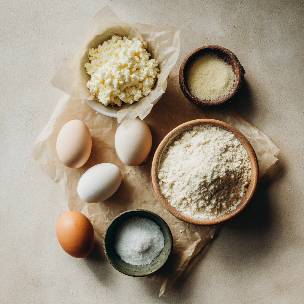 A selection of fresh ingredients including cottage cheese, an egg, almond flour, garlic powder, and salt, ideal for a cottage cheese pizza crust keto.