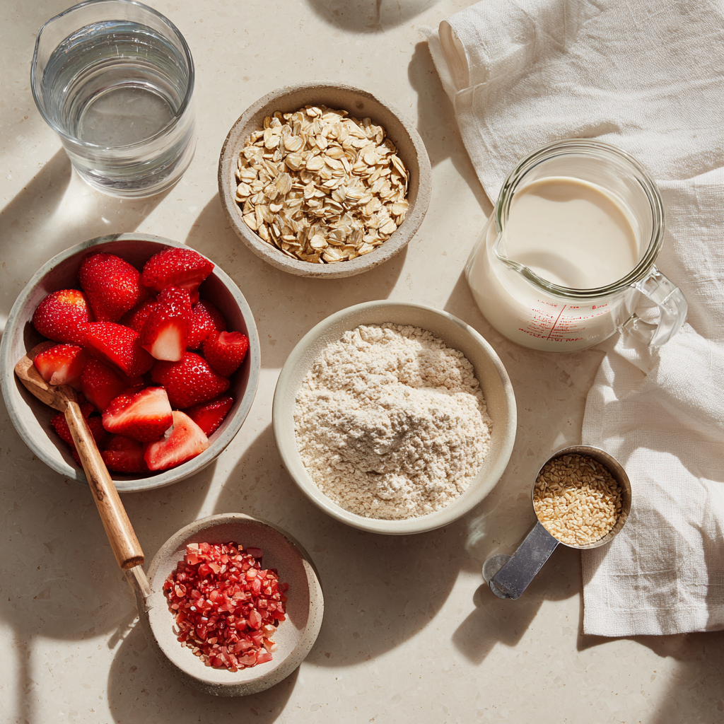 Ingredients laid out for strawberry overnight oats with protein powder including oats, strawberries, milk, chia seeds, and protein powder