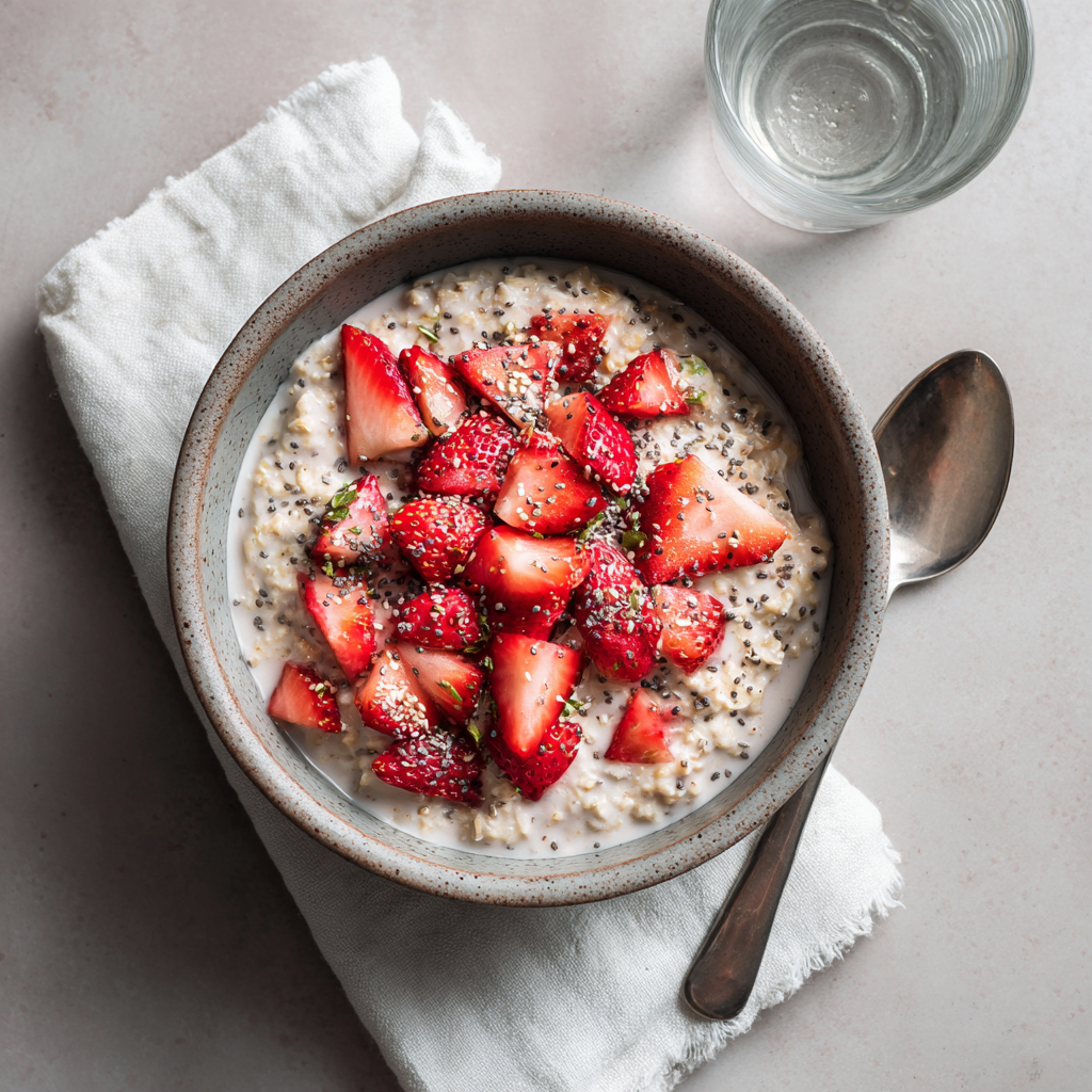 A glass jar filled with luscious strawberry overnight oats with protein powder, garnished with fresh strawberries