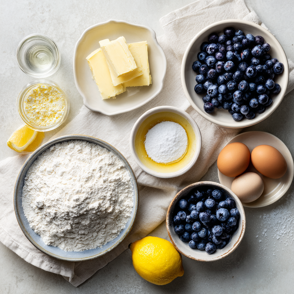 Fresh ingredients laid out for making lemon blueberry bread, including flour, sugar, lemons, and blueberries