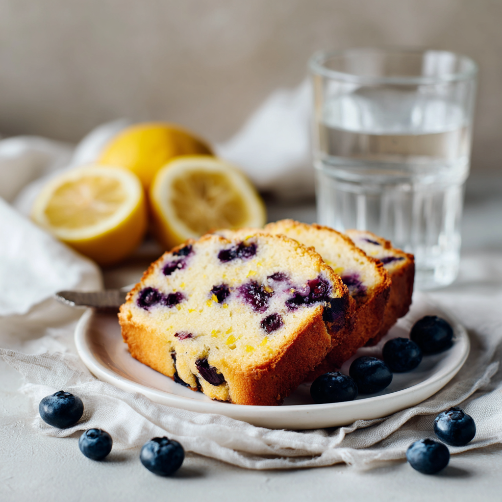 A perfectly golden, moist slice of homemade lemon blueberry bread with a delightful lemon glaze