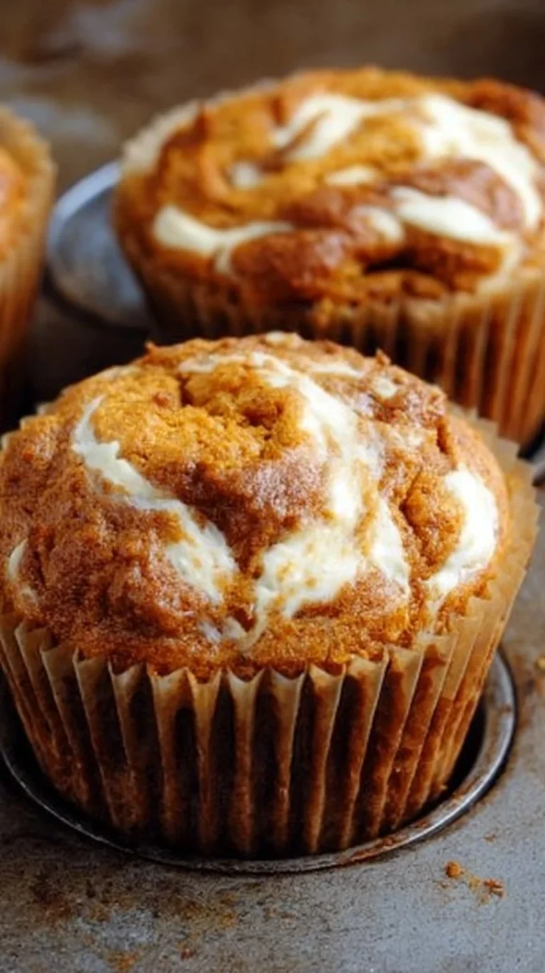 Delicious Pumpkin Cream Cheese Swirl Muffins on a rustic wooden table