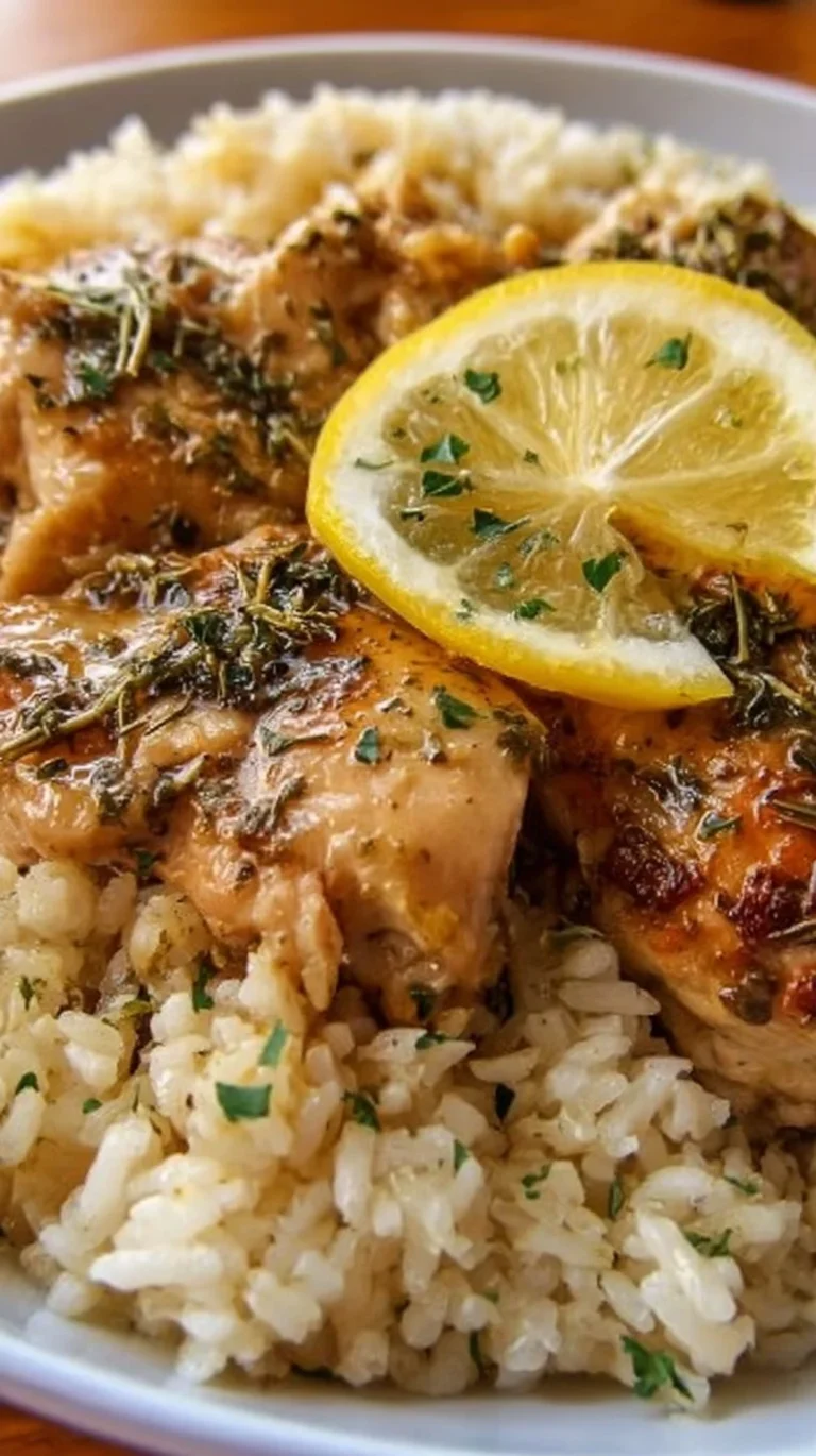 Slow cooker lemon herb chicken served with rice in a bowl