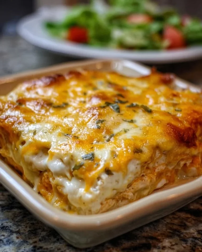 Sour Cream Chicken Enchilada Casserole topped with creamy sauce and cheese