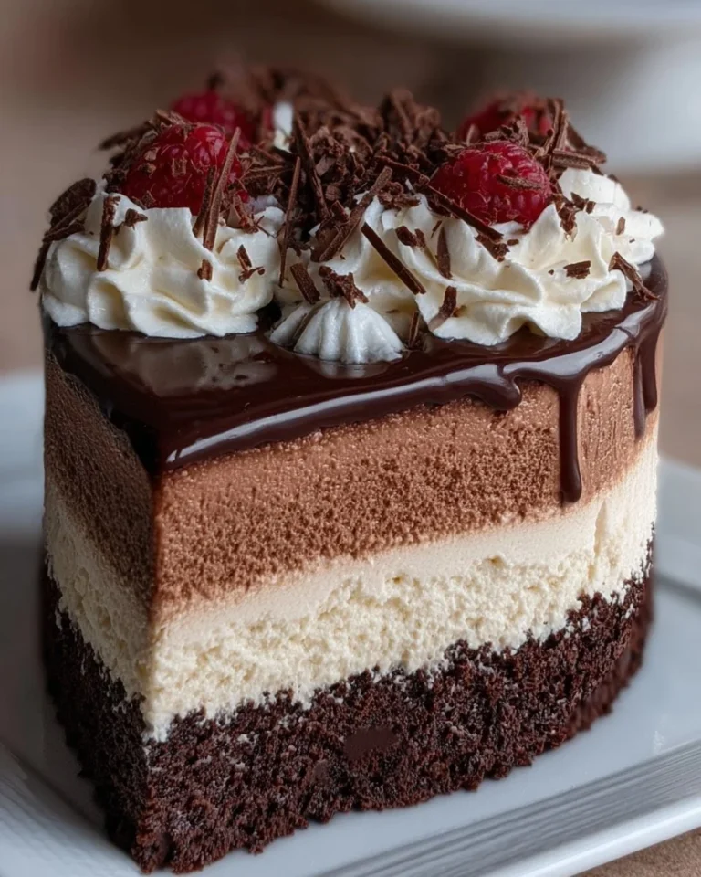Delicious Tuxedo Cake - Triple Chocolate Mousse dessert with layers of dark and white chocolate
