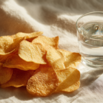 Crispy cottage cheese chips on a white cloth with a glass of water, perfect for snacking. Oven-baked and gluten-free snack.