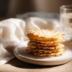 A close-up, eye-level photo of golden-brown, crispy cottage cheese chips stacked on a white plate. The background features a blurred white linen napkin and a glass of water on a light wooden table, all under natural daylight.