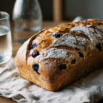 Golden-brown lemon blueberry sourdough bread loaf on a wooden table with a white napkin and glass of water.
