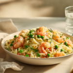 A vibrant spring shrimp orzo pasta salad, perfectly composed for a food blog hero shot, showcasing fresh ingredients and a refreshing dressing against a minimalist kitchen background.
