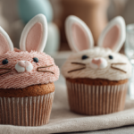 A hero shot of Easter bunny cupcakes with marshmallow ears presented on a white plate, perfect for an Easter blog post.