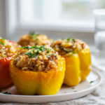 Close-up of baked pineapple chicken and rice stuffed peppers on a white plate, garnished simply, with a glass of water nearby, perfect for a blog hero image.