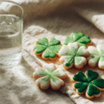 Close-up of vibrant green, yellow, and white St. Patrick's Day royal icing cookies on a white napkin with a glass of water.
