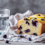 Fresh lemon blueberry bread loaf on white napkin with glass of water