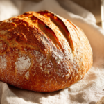Freshly baked sourdough loaf with decorative scoring on white napkin with glass of water