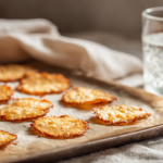 A baking sheet with golden round cottage cheese chips arranged neatly on parchment paper, white cloth napkin and a glass of water beside it on a neutral table.